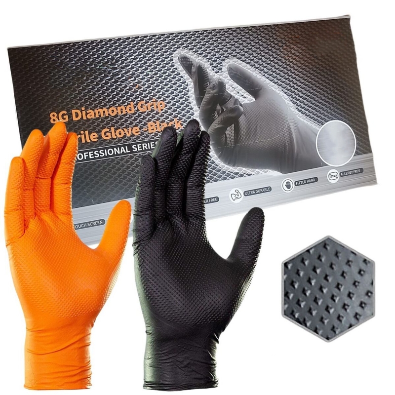 Nitrile Mechanic Glove - 8Mil dicke, robuste Sicherheits-Arbeitshandschuhe, diamantstrukturierte schwarz-orange